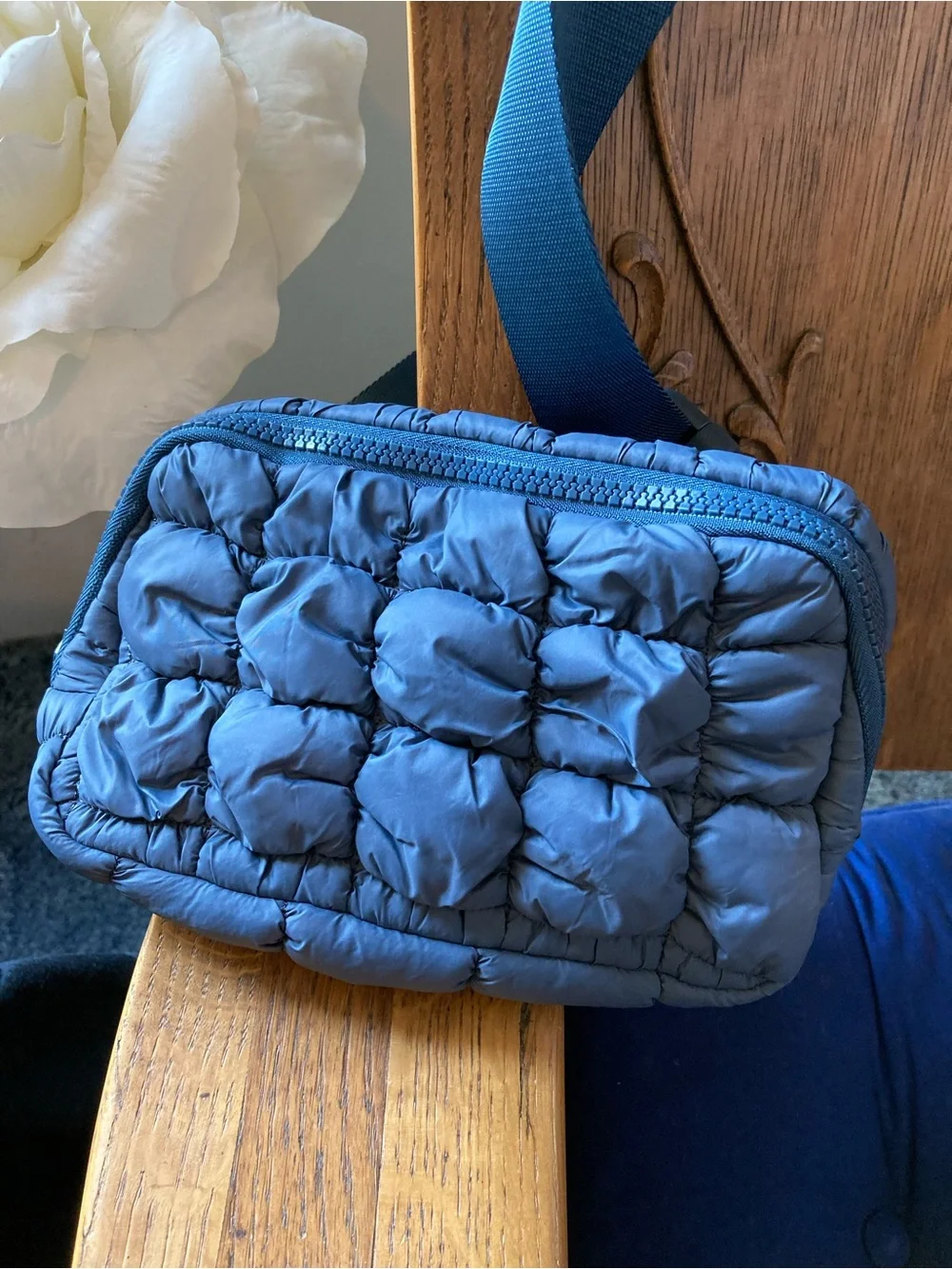 Quilted Puffer Crossbody Bag in Slate Blue